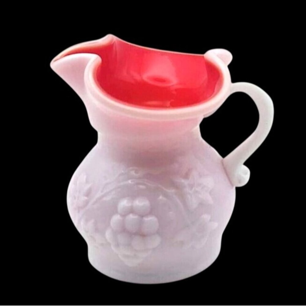 Vintage Kanawha White Milk Glass Red Cased Embossed Grapevine Mini Pitcher MCM